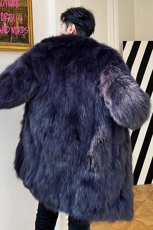 mens faux fur coat winter long fluffy overcoat in navy blue 6 Alicefurs