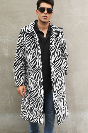 mens faux fur coat winter zebra print long overcoat in black and white 2 Alicefurs