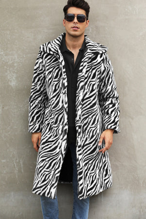 mens faux fur coat winter zebra print long overcoat in black and white Alicefurs