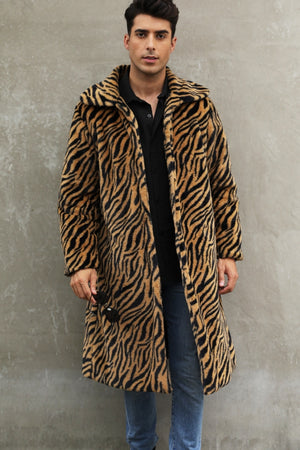 mens faux fur coat winter zebra print long overcoat in brown 2 Alicefurs