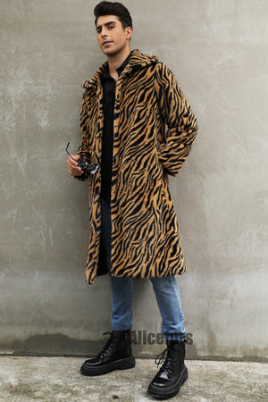 mens faux fur coat winter zebra print long overcoat in brown 3 Alicefurs