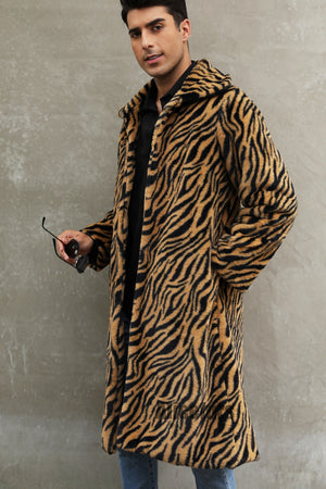 mens faux fur coat winter zebra print long overcoat in brown 4 Alicefurs