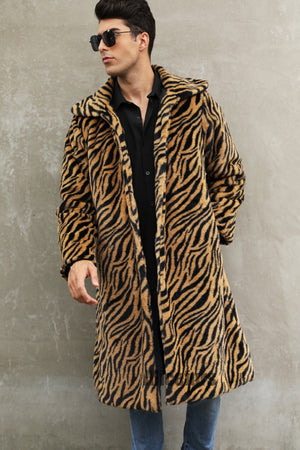 mens faux fur coat winter zebra print long overcoat in brown 6 Alicefurs