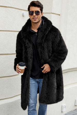 mens faux fur coat with hood winter fluffy long outerwear in black 3 Alicefurs