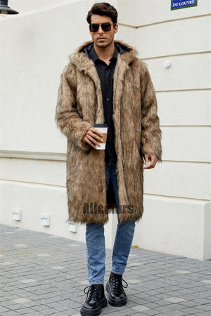 mens faux fur coat with hood winter fluffy long outerwear in brown 3 Alicefurs