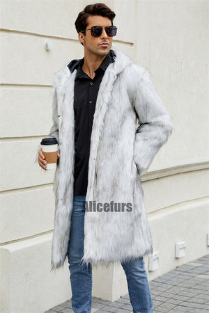 mens faux fur coat with hood winter fluffy long outerwear in white 1 Alicefurs