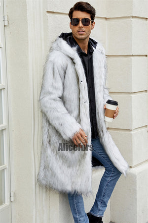 mens faux fur coat with hood winter fluffy long outerwear in white 2 Alicefurs
