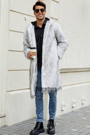 mens faux fur coat with hood winter fluffy long outerwear in white 5 Alicefurs