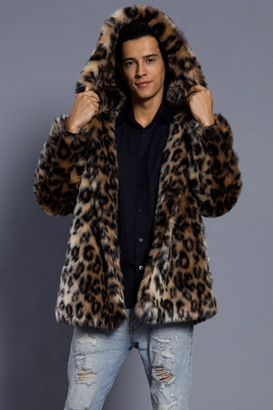 mens leopard faux fur coat with hood brown winter outerwear Alicefurs