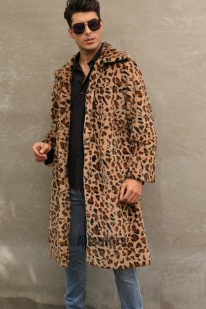 mens leopard fur coat winter brown long fuzzy overcoat 2 Alicefurs
