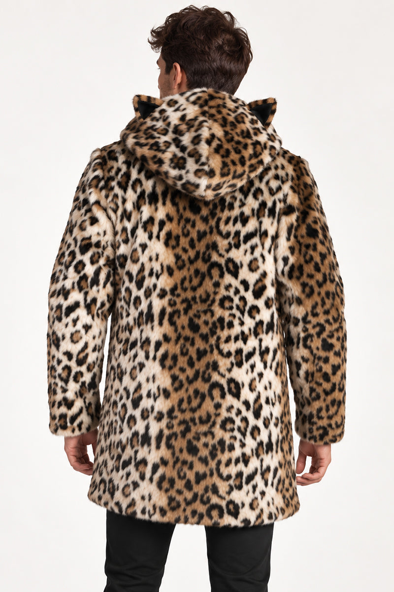Men's Leopard Print Hooded Faux Fur Coat with Ears
