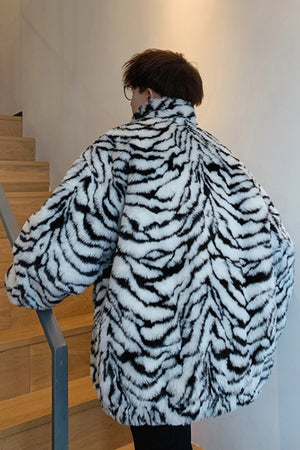 mens tiger fur jacket oversized animal print fuzzy coat in black and white 3 Alicefurs