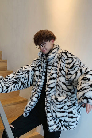 mens tiger fur jacket oversized animal print fuzzy coat in black and white 4 Alicefurs
