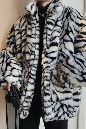 mens tiger fur jacket oversized animal print fuzzy coat in black and white Alicefurs