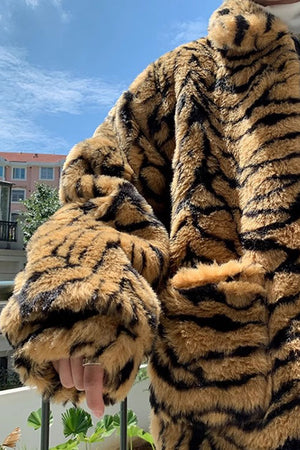 mens tiger fur jacket oversized animal print fuzzy coat in brown 4 Alicefurs