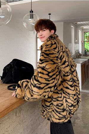 mens tiger fur jacket oversized animal print fuzzy coat in brown 6 Alicefurs