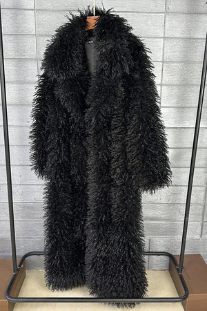 mongolian faux fur coat long shaggy overcoat for women in black side view Alicefurs