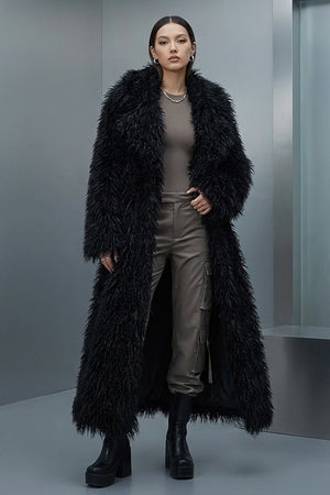 mongolian faux fur coat long shaggy overcoat for women in black worn by model Alicefurs