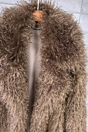 mongolian faux fur coat long shaggy overcoat for women in chocolate brown detail Alicefurs