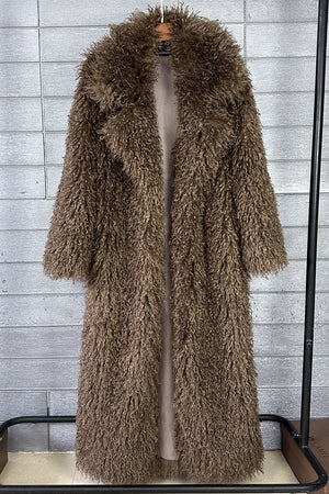 mongolian faux fur coat long shaggy overcoat for women in chocolate brown front view Alicefurs