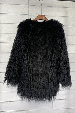 mongolian faux fur coat mid length shaggy jacket for women in black 1 Alicefurs