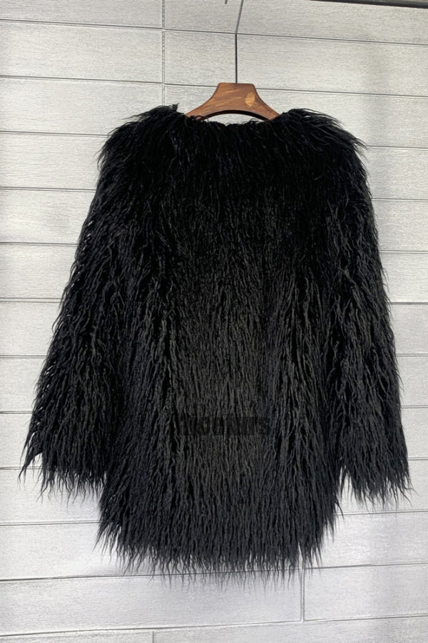 Mongolian Faux Fur Coat Mid Length Shaggy Jacket for Women
