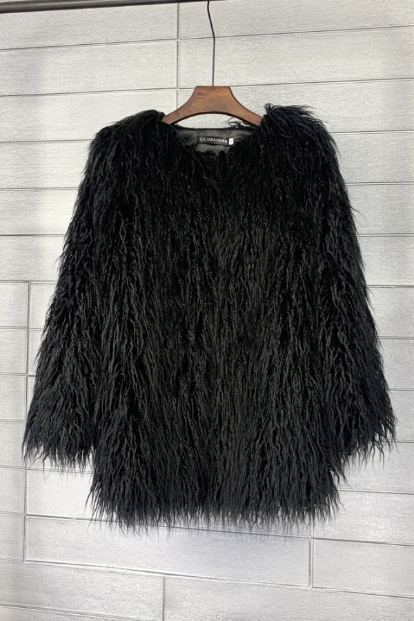 Mongolian Faux Fur Coat Mid Length Shaggy Jacket for Women