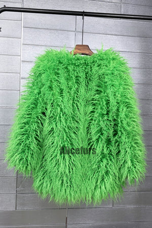 mongolian faux fur coat mid length shaggy jacket for women in lime green 2 Alicefurs