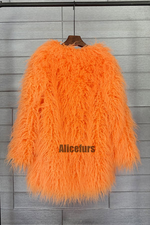 mongolian faux fur coat mid length shaggy jacket for women in orange 1 Alicefurs