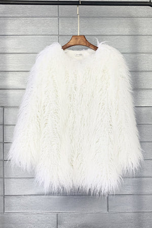 mongolian faux fur coat mid length shaggy jacket for women in white Alicefurs