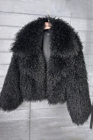 mongolian faux fur jacket cropped shaggy outerwear for women in black 1 Alicefurs