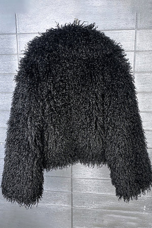 mongolian faux fur jacket cropped shaggy outerwear for women in black 3 Alicefurs