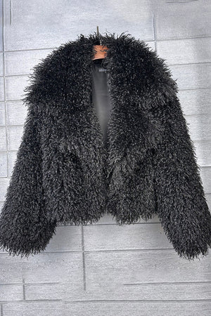 mongolian faux fur jacket cropped shaggy outerwear for women in black Alicefurs