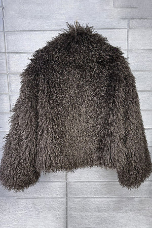 mongolian faux fur jacket cropped shaggy outerwear for women in taupe 2 Alicefurs