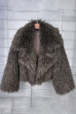 mongolian faux fur jacket cropped shaggy outerwear for women in taupe Alicefurs
