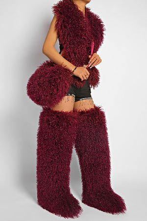 mongolian faux fur top in halter deep v neck for women in burgundy 1 Alicefurs