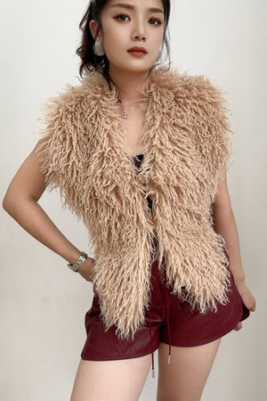 mongolian faux fur top in halter deep v neck for women in tan 6 Alicefurs