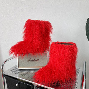 mongolian fur boots shaggy mid calf furry boots for women in red Alicefurs