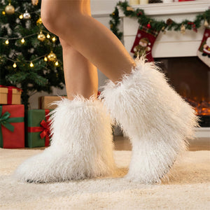 mongolian fur boots shaggy mid calf furry boots for women in white 3 Alicefurs
