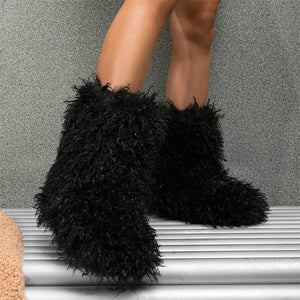 mongolian fur boots winter curly fluffy booties for women in black 1 Alicefurs