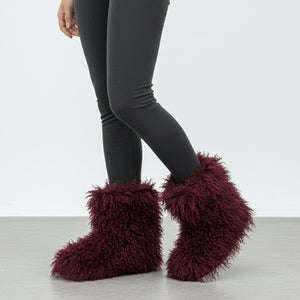 mongolian fur boots winter curly fluffy booties for women in burgundy 3 Alicefurs