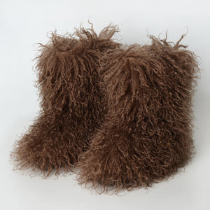 mongolian fur boots winter curly fluffy booties for women in dark coffee Alicefurs