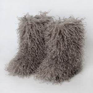 mongolian fur boots winter curly fluffy booties for women in dark gray Alicefurs