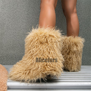 mongolian fur boots winter curly fluffy booties for women in tan 1 Alicefurs