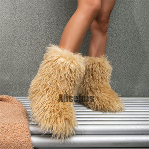 mongolian fur boots winter curly fluffy booties for women in tan 2 Alicefurs