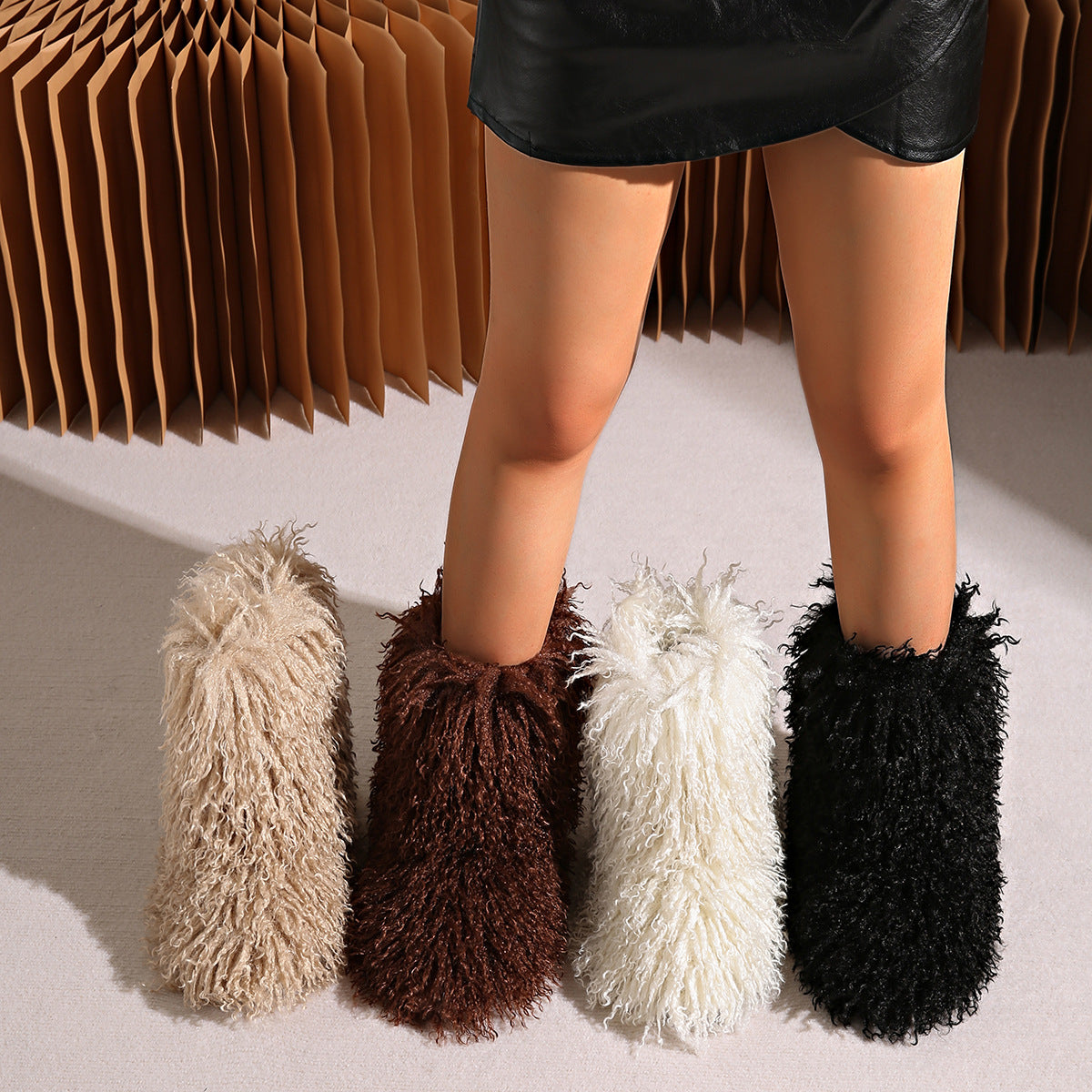 Bottes en fourrure mongole Bottines d'hiver bouclées et moelleuses pour femmes