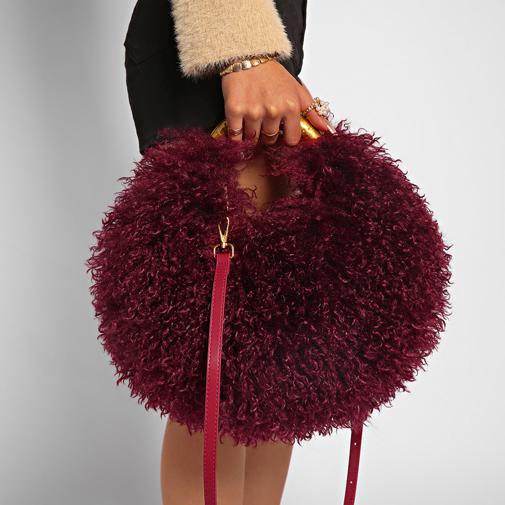mongolian fur handbag luxury shaggy purse for women in burgundy 1 Alicefurs