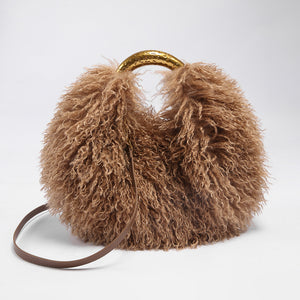 mongolian fur handbag luxury shaggy purse for women in coffee brown Alicefurs