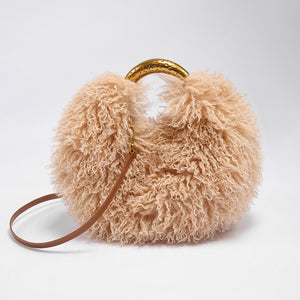 mongolian fur handbag luxury shaggy purse for women in khaki Alicefurs