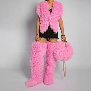 mongolian fur handbag luxury shaggy purse for women in pink 2 Alicefurs